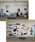 Before and after image of garage organized with Heavy Duty Slatwall Hooks Set 12 Pack For Garage Storage Utility Hooks.