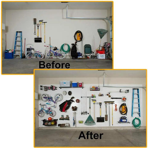 Before and after image of garage organized with Heavy Duty Slatwall Hooks Set 12 Pack For Garage Storage Utility Hooks.
