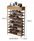10 Tier Vertical Shoe Rack With Top Storage Box For Closets Narrow Profile, 150cm tall, holds sandals and shoes neatly.