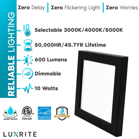 Image of Luxrite 4 Inch Square LED Flush Mount Ceiling Light Kit with black trim, highlighting features like 3000K to 5000K selectable, 600 Lumens, 10W dimmable.