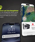 Titan Elite Golf Rangefinder With Built In GPS app alerting on iPhone screen, golf course map displayed for location finding.