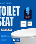 Top Tier White Plastic Elongated Toilet Seat Featuring Quick Release Hinges And Gentle Slow Close Design For No Fuss Setup On Standard Oval Bowls with adjustable features.
