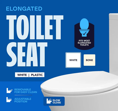 Top Tier White Plastic Elongated Toilet Seat Featuring Quick Release Hinges And Gentle Slow Close Design For No Fuss Setup On Standard Oval Bowls with adjustable features.