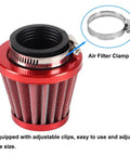 38Mm Air Filter Beefed Up For 50Cc To 212Cc Engines with red design and adjustable clamp, shown with air filter clamp