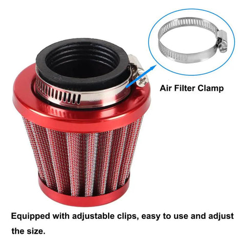 38Mm Air Filter Beefed Up For 50Cc To 212Cc Engines with red design and adjustable clamp, shown with air filter clamp
