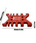 Dead On Precision Router Lift Kit For Woodworking Tables Featuring Rust Proof Aluminum Insert Plate And No Sweat Adjustment Dial For Quick Shop Makeovers showing red tenon caliper with metric and imperial measurements.