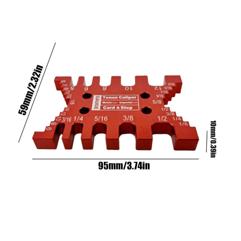 Dead On Precision Router Lift Kit For Woodworking Tables Featuring Rust Proof Aluminum Insert Plate And No Sweat Adjustment Dial For Quick Shop Makeovers showing red tenon caliper with metric and imperial measurements.
