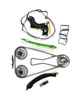 Ultimate Timing Chain Kit With VVT Sprocket Oil Pump And Guide Rail For 2012-2014 Mercedes C250 1.8L High Strength Alloy Build That Keeps The Engine Running Smooth Like A Dream. timing chain kit parts laid out on white background
