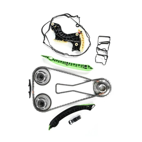 Ultimate Timing Chain Kit With VVT Sprocket Oil Pump And Guide Rail For 2012-2014 Mercedes C250 1.8L High Strength Alloy Build That Keeps The Engine Running Smooth Like A Dream. timing chain kit parts laid out on white background