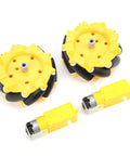 Front view of two yellow 80mm mecanum wheels with black rubber rollers and two yellow DC motors