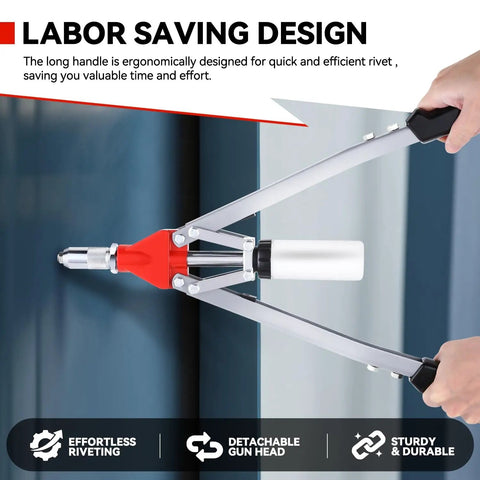 21 Inch Hand Rivet Nut Tool Set With 5 Guide Nozzles, Chrome Plated Stainless Steel Riveter in use, highlighting labor-saving design