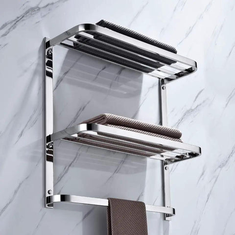 Three Tier Bathroom Shelf With Towel Bars Wall Mount Rack Stainless Steel SUS304 Rust Proof Polished Chrome Finish 20 Inch