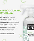 Better Life all-purpose cleaner bottle with spray nozzle, unscented formula for multisurface cleaning of scuff marks and more.