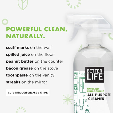 Better Life all-purpose cleaner bottle with spray nozzle, unscented formula for multisurface cleaning of scuff marks and more.