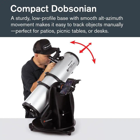Person using StarSense Explorer 150AZ App Enabled Telescope With 150mm Tabletop Dobsonian Smartphone Dock And StarSense App Guided Sky Tour iPhone And Android Compatible No Fuss Easy To Use For Beginners And Casual Stargazers, showing alt-azimuth movement.