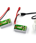 Two-pack 7.4V 1500mAh Li-ion battery with red connectors for RC cars, charging setup visible, labeled with 1500 high rate.