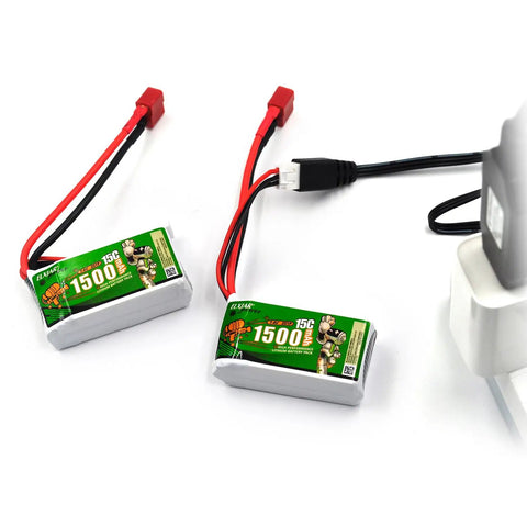 Two-pack 7.4V 1500mAh Li-ion battery with red connectors for RC cars, charging setup visible, labeled with 1500 high rate.