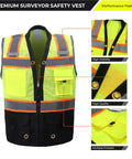 Kickass High Visibility Safety Vest For Women Featuring Extra Thick Reflective Silver Stripes Multiple Storage Pockets Ansi Class 2 Certified pink mesh fabric with black bottom.