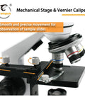 Close-up of Achromatic Compound Minocular Microscope 40X To 2000X With Dual LED Illumination mechanical stage and vernier caliper.