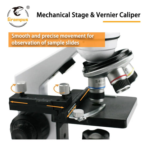 Close-up of Achromatic Compound Minocular Microscope 40X To 2000X With Dual LED Illumination mechanical stage and vernier caliper.