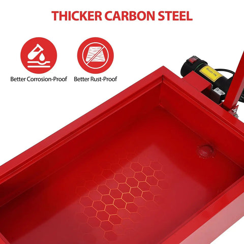 Heavy Duty 20 Gallon Oil Drain Pan With Electric Pump For Cars Trucks And Rvs, Low Profile Fluid Extractor, carbon steel design.