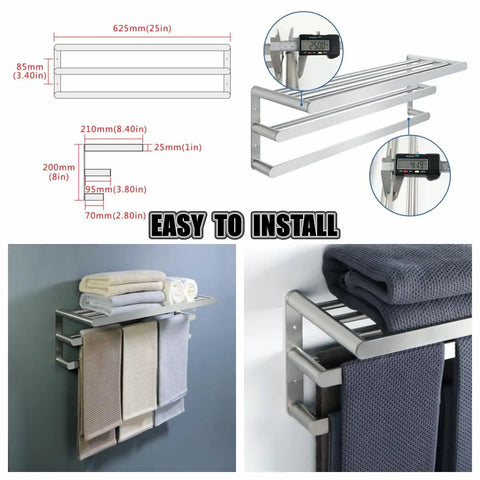 25 Inch Wall Mount Towel Rack With Single And Double Bars In Brushed Nickel Stainless Steel SUS 304 For Your Bathroom Lavatory Includes Towel Shelf And Holder Rustproof Durable Setup For A Modern Sleek Home Easy to Install