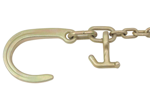 Close-up of G70 V Chain Bridle with Eight Inch Medium J Hooks and T Hook for heavy duty towing and recovery use.