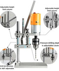 Compact Metal Lathe And Bench Drill Table Combo For PCB Drilling Woodworking Home Projects showing adjustable height limit and drill features.