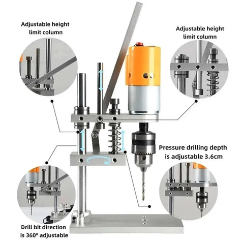 Compact Metal Lathe And Bench Drill Table Combo For PCB Drilling Woodworking Home Projects showing adjustable height limit and drill features.