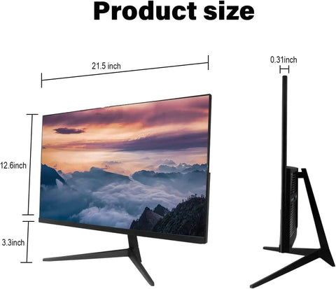 22 Inch Full HD Security Monitor With HDMI VGA And Built In Speaker No Bluetooth Or WiFi Works With CCTV DVR NVR Clear 1080p Display For Round The Clock Surveillance, showing dimensions and side view