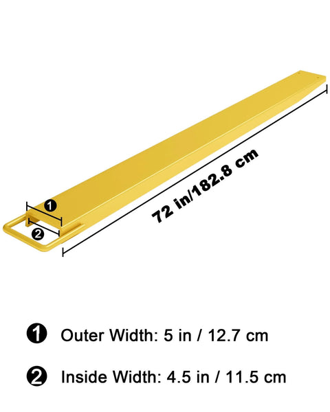 72-inch pallet fork extensions, yellow steel, inner width 4.5 in, outer width 5 in, Amazon, pair