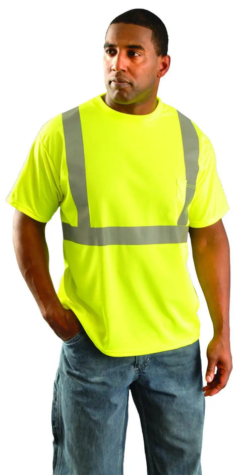 Hi Vis Wicking Birdseye Short Sleeve T Shirt Class 2 ANSI 100 Percent Polyester With 2 Inch Silver Reflective Tape Yellow 2X-Large Work