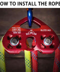 Close-up of Heavy Duty Double Trolley Zipline Kit with 25kN Carabiner and Dual Tandem Pulleys for 1/2 inch cable setup.