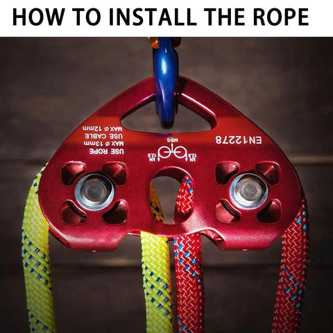 Close-up of Heavy Duty Double Trolley Zipline Kit with 25kN Carabiner and Dual Tandem Pulleys for 1/2 inch cable setup.