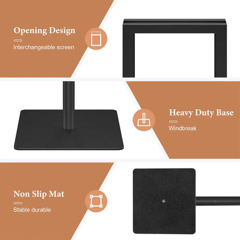 Heavy Duty 11x17 Standing Sign Holder With Adjustable Pedestal, showcasing base, opening design, and non-slip mat features.