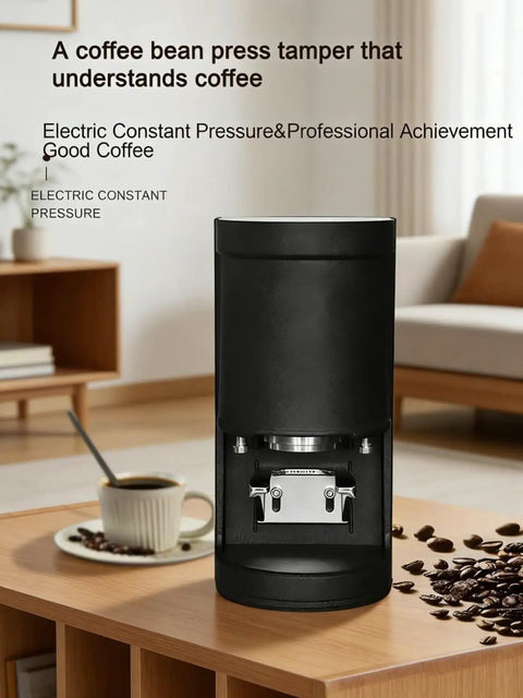 Bottomless Hassle Automatic Coffee Tamper Electric Espresso Press 58mm With Adjustable Pressure 5 To 30kg on a wooden table.