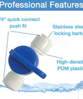 1/4 Inch Quick Connect Shut Off Valve Push To Connect Plumbing Fitting With Secure Locking Clips Food Grade Durability shown in blue and white.