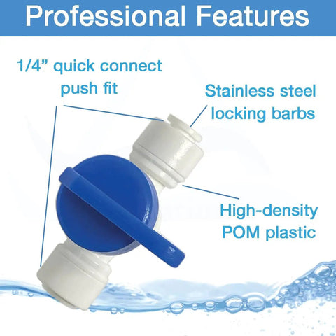 1/4 Inch Quick Connect Shut Off Valve Push To Connect Plumbing Fitting With Secure Locking Clips Food Grade Durability shown in blue and white.