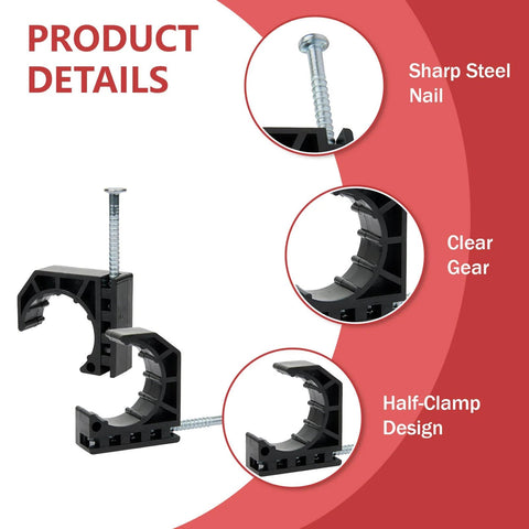Pack Of 50 Black Half Clamp J Hook With Nail For 1/2 Inch PEX Tubing Pipe Support, Durable Plastic Mounts Highlighting Key Features