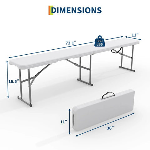 Dimensions of Go-To 6-Foot Folding Bench Two Pack Portable Plastic Outdoor Seating With Carry Handle and Lock All Weather HDPE