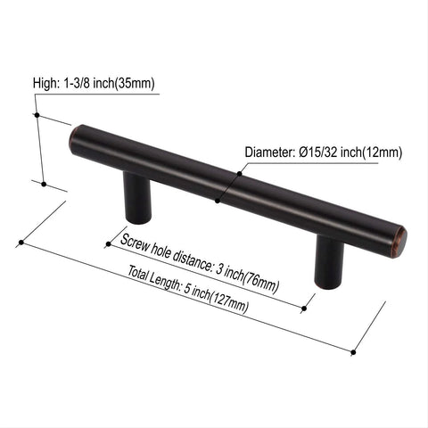 Oil Rubbed Bronze Cabinet Pulls Set 25 Pack 5 Inch Overall Length With 3 Inch (76mm) Hole Centers showing measurements