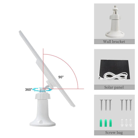 Power Your Outdoor Security Camera With This Type C And Micro USB Solar Panel Charger Rechargeable Battery Ready Adjustable Mount Nine Point Eight Foot Cable ETFE Construction Up To Twenty Two Percent Conversion For Off Grid Wireless Cameras, showing adjustable mount, solar panel, and screws.