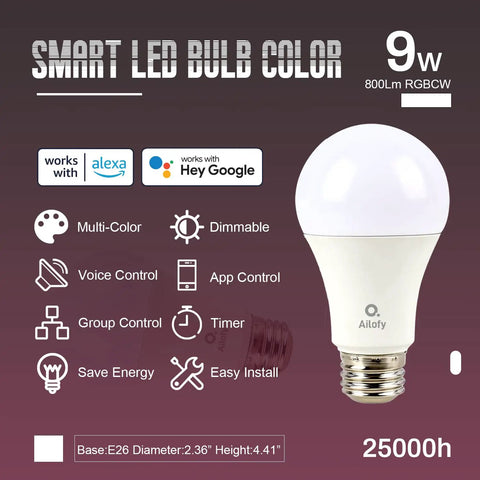 Smart LED Light Bulbs, 16 Million Color Changing Dimmable, Works With Alexa And Google Assistant, RGBCW, 9W, 800LM, E26 Base