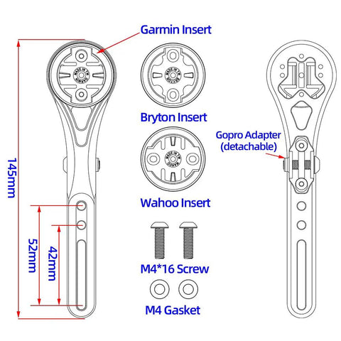 Diagram of Aero Integrated Out Front Handlebar Mount for bike computers, showing Garmin, Bryton, Wahoo inserts, and dimensions.