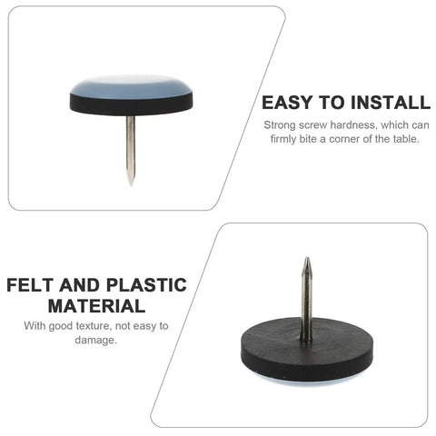 Close-up of 16 Pack Furniture Sliders Chair Glides For Hardwood Floors And Carpet, PTFE and iron nail design detail.