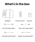 R2000DB Powered Bluetooth Bookshelf Speakers With Optical Input And 120 Watts RMS accessories in box layout
