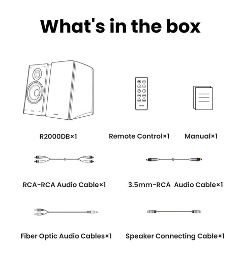 R2000DB Powered Bluetooth Bookshelf Speakers With Optical Input And 120 Watts RMS accessories in box layout