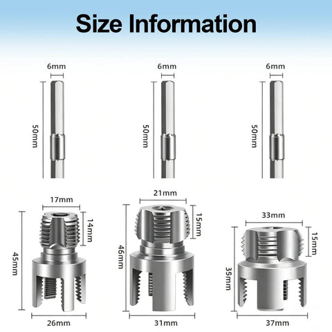 Shuielai 3 Piece Pipe Threading Tool Kit With Electric Drill Compatible size chart showing various cutter dimensions.