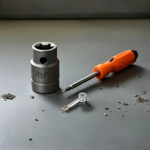 40 Piece Knock Down Hardware Kit Featuring Cam Locking Screws Plus Dowel Bolt Fasteners With Flat Back Design For No Sweat Wood Panel Assembly Quick Table Setup Built Tough And Reliable tools including socket and screwdriver on gray surface.