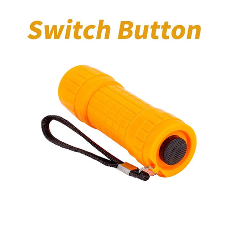 Orange flashlight from 30 Pack Mini LED COB Flashlights Assorted Colors With Batteries Included Pocket Size EDC Light High CRI 90 Plus Soft Clear Illumination Five COB Bulbs 30 Lumens 5 Meter Range Perfect for Car Glove Box, showing switch button and wrist strap.
